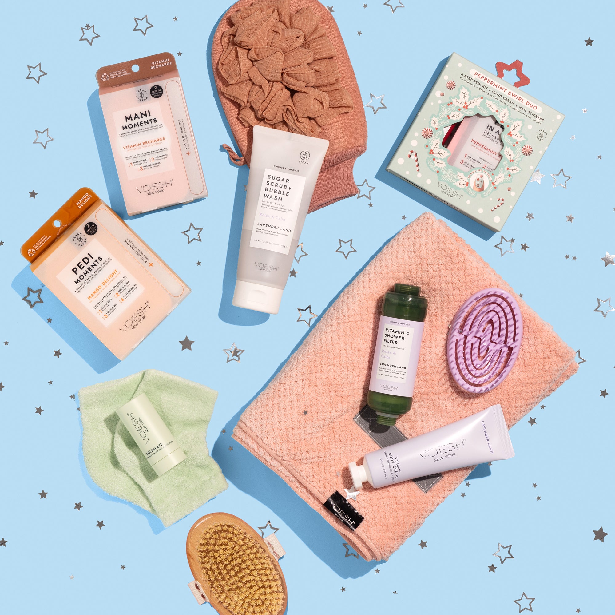 Best of VOESH Holiday skincare set featuring Mani Moments, Pedi Moments, Shower & Empower Duo, Peppermint Swirl Duo, and shower care accessories.